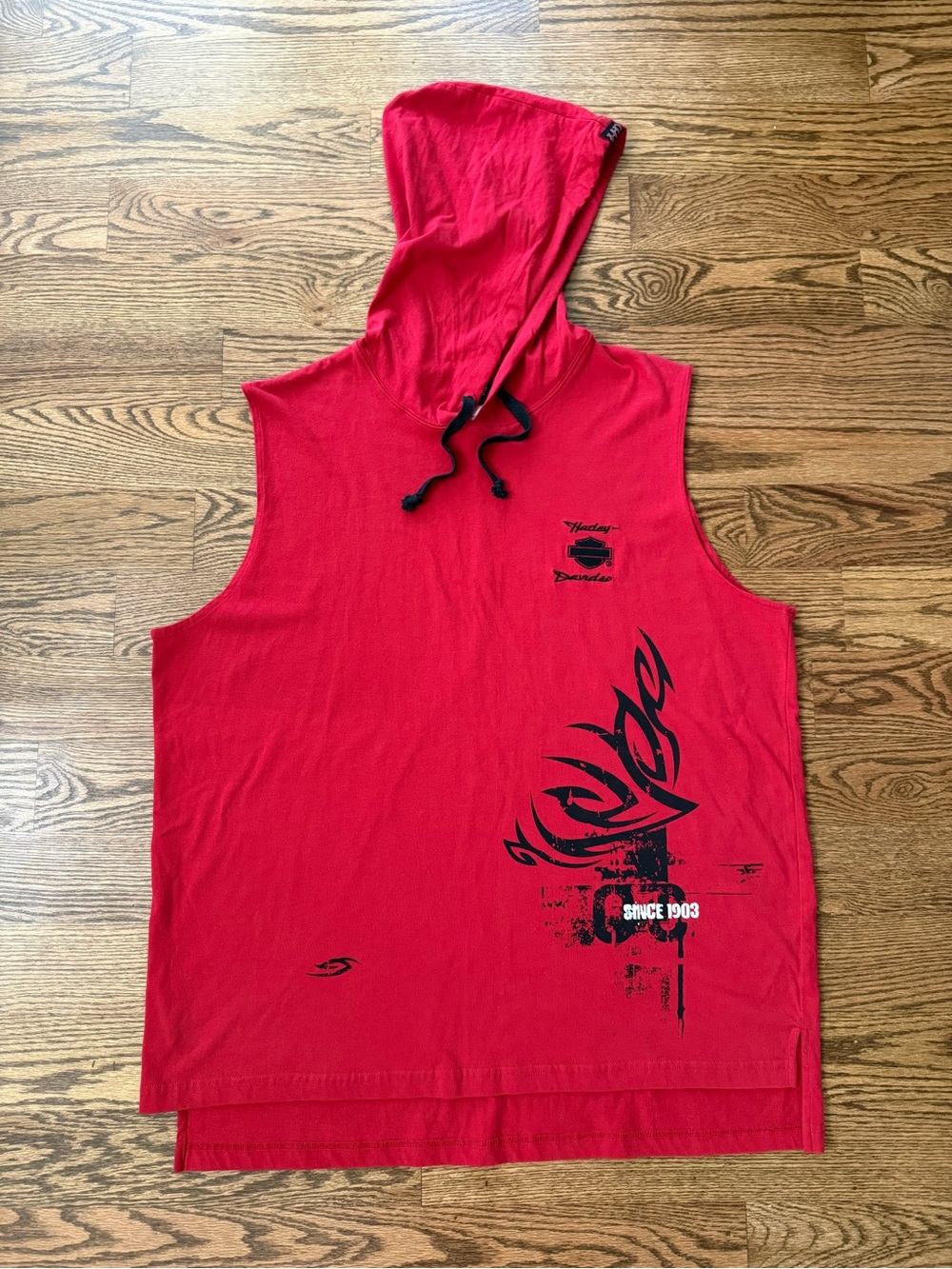 Y2K Harley-Davidson Men's Red Sleeveless Hoodie Tank Large 100% Cotton